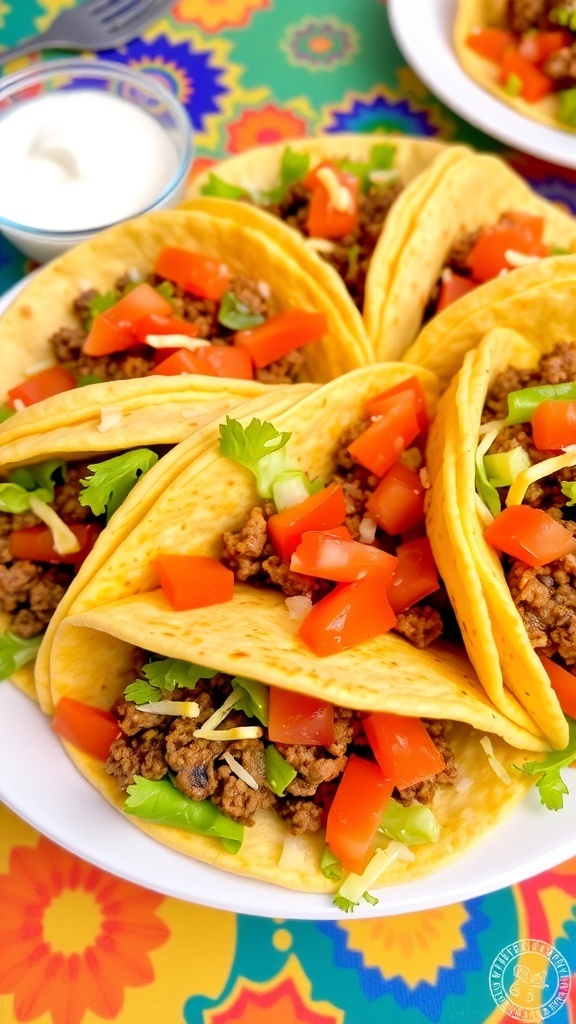 A plate of hamburger tacos filled with ground beef, lettuce, tomatoes, and cheese, served with salsa and sour cream.
